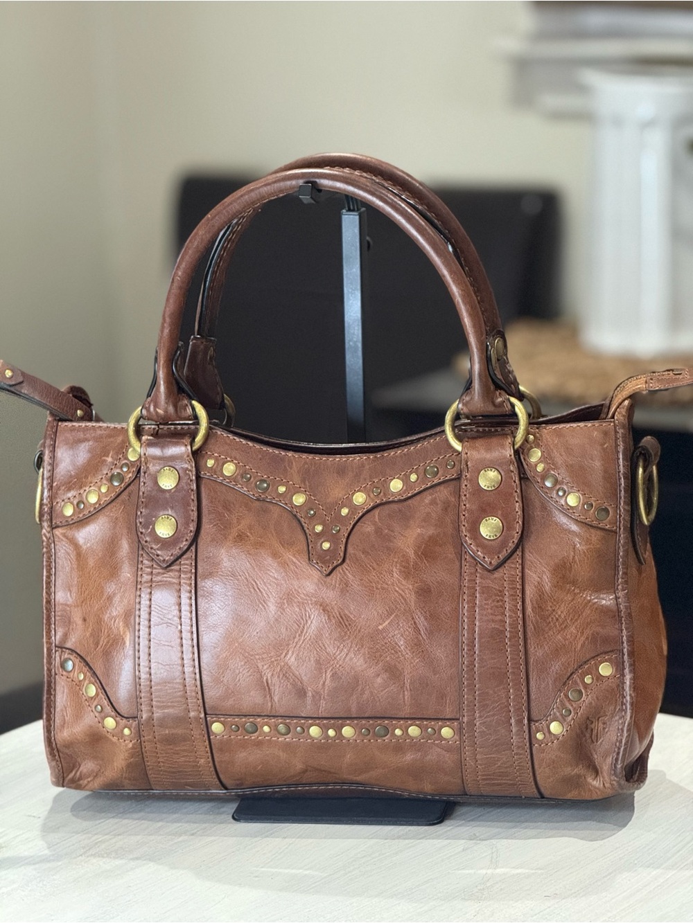 Frye Melissa Cognac Leather Studded Crossbody/Satchel W Dustbag NWOT